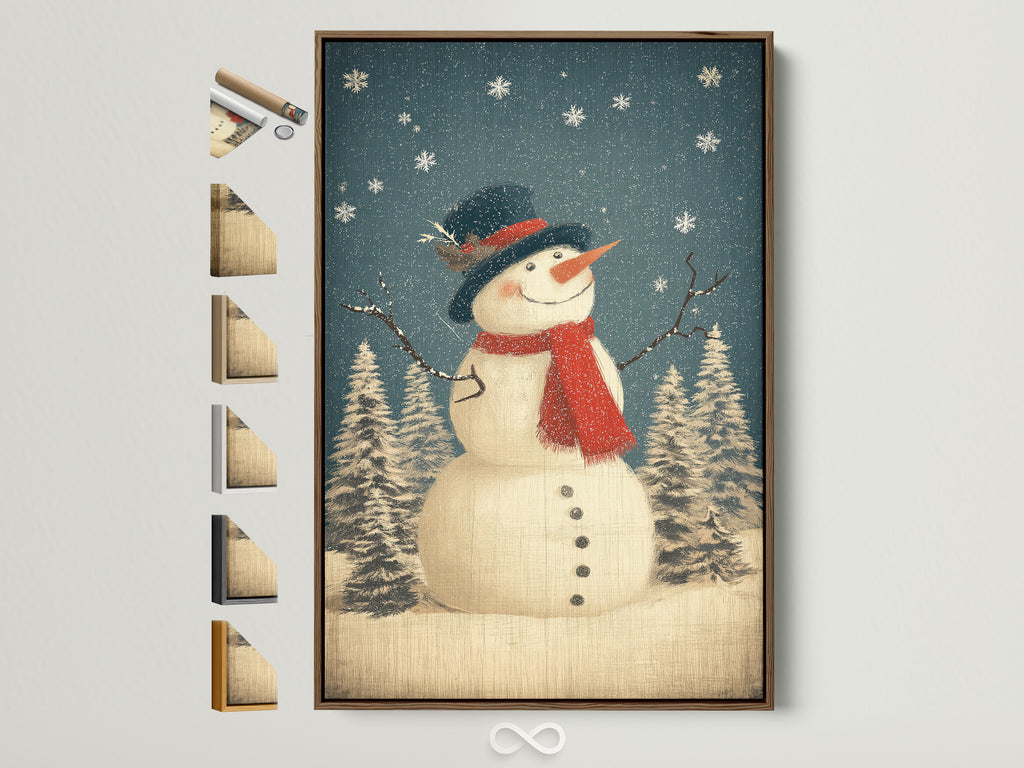 Vintage Snowman Wall Art is displayed in a brown frame. All frame options are shown on the side. This winter holiday canvas print adds rustic Christmas decor to any farmhouse. It is perfect for holiday decorating.