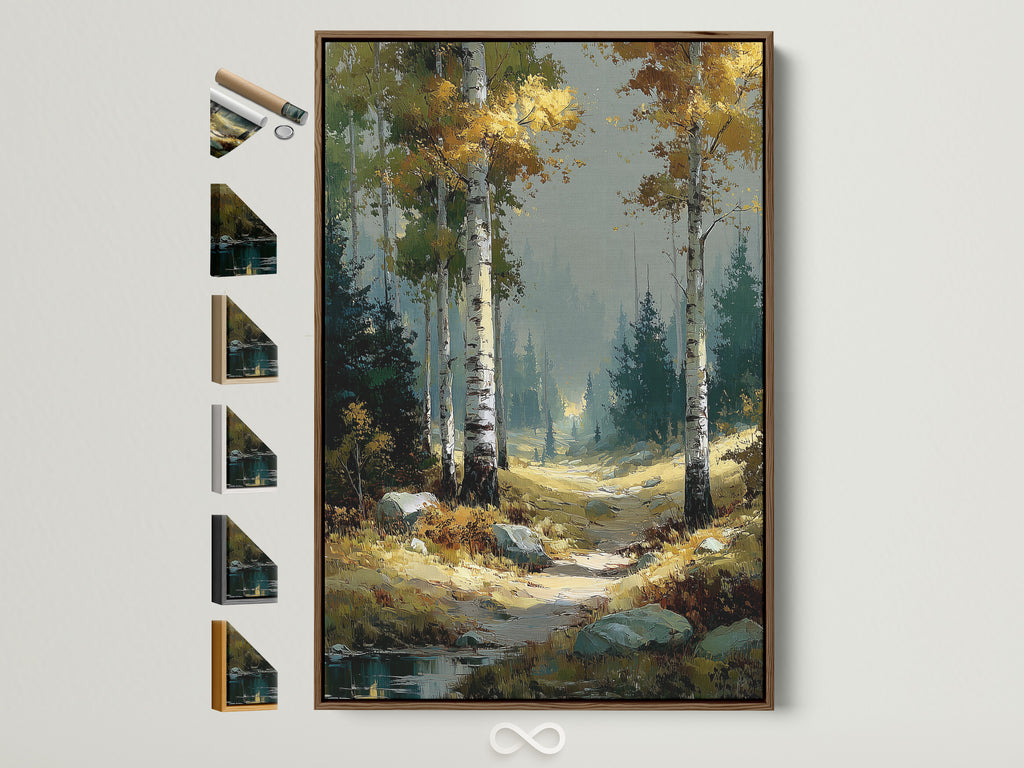 Birch Forest artwork with a brown frame. This autumn landscape wall art brings nature indoors. Notice the frame options displayed beside the artwork. Perfect for adding rustic charm to any room. The print captures the serene beauty of a woodland trail. Ideal for bedroom wall decor or living room art.