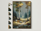 Birch Forest artwork with a brown frame. This autumn landscape wall art brings nature indoors. Notice the frame options displayed beside the artwork. Perfect for adding rustic charm to any room. The print captures the serene beauty of a woodland trail. Ideal for bedroom wall decor or living room art.
