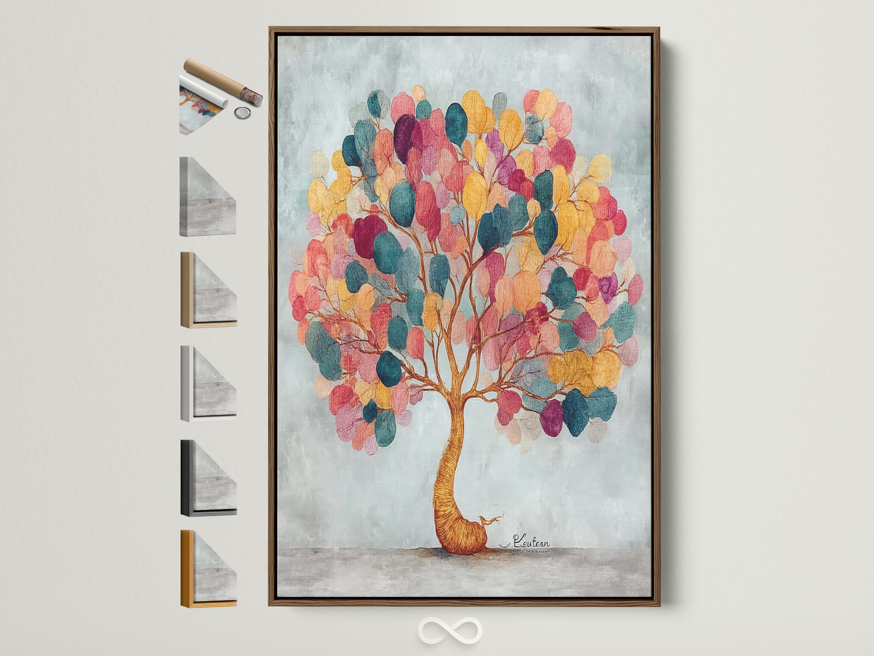 A colorful tree artwork with teal gold and pink leaves is framed in a natural brown wood. Frame options are displayed alongside the artwork. Find the perfect frame for your abstract botanical wall art. It will complement your home decor.