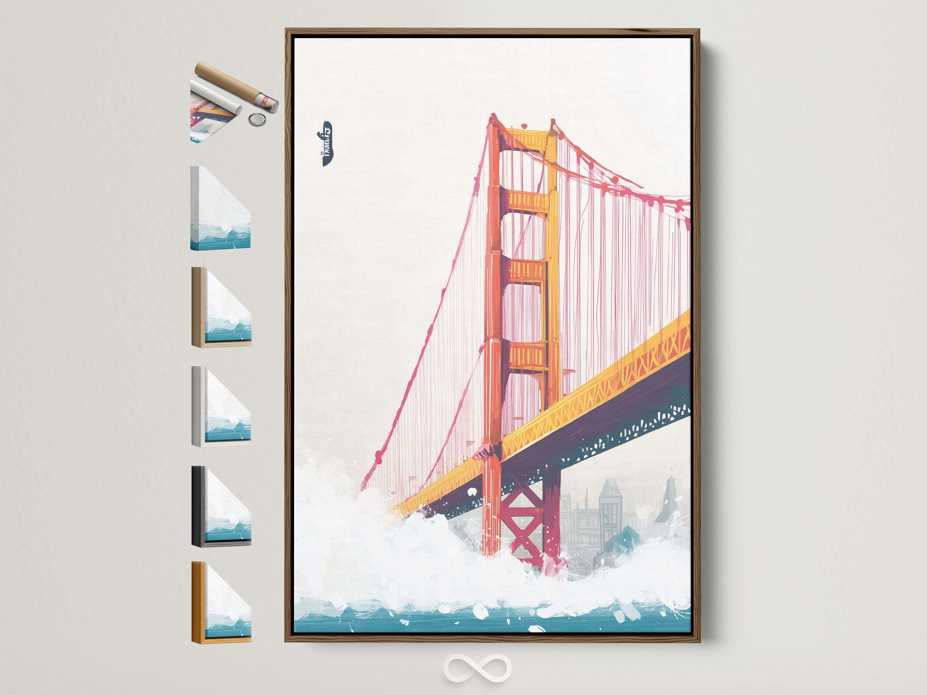 A variety of frame styles are displayed alongside a brown frame. See all our frame options to enhance your Golden Gate Bridge artwork. Find the perfect frame to match your decor. Posters and canvas prints are available.