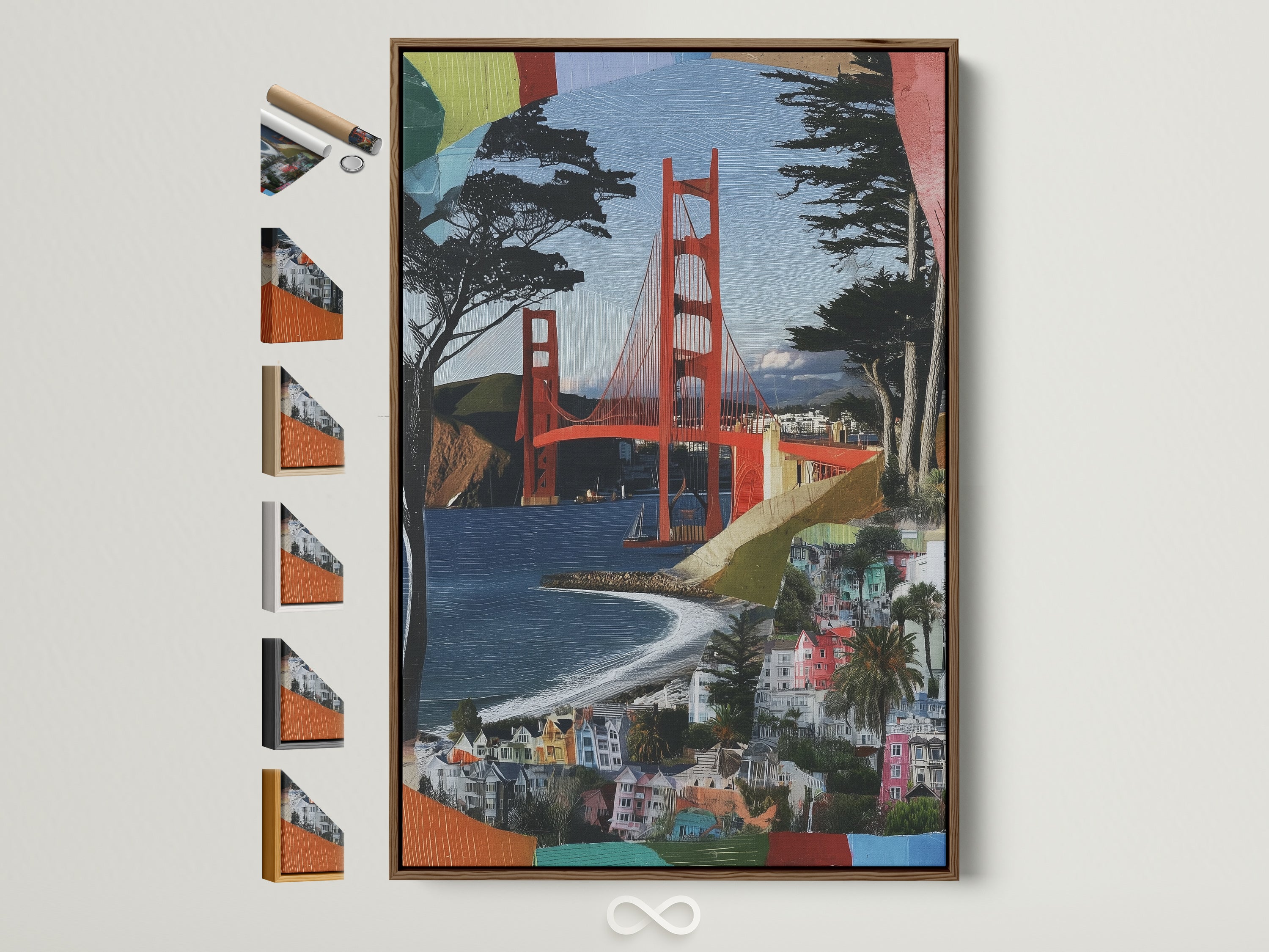A vibrant Golden Gate Bridge artwork is showcased in a brown frame. This San Francisco wall art brings the iconic California landmark to any space. Frame options are visible adding a customizable touch.