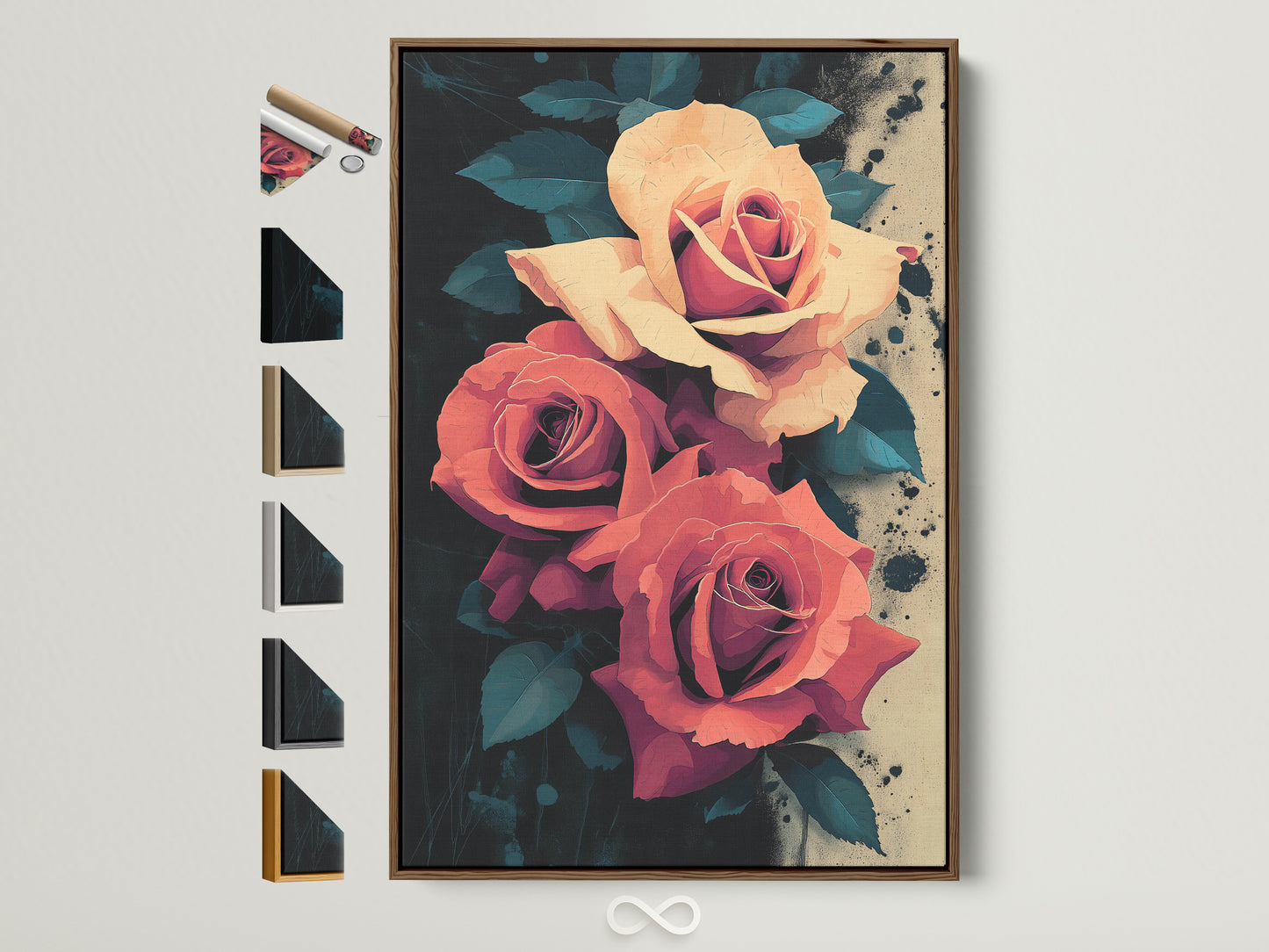 Elevate your space with our Rose Canvas Print. This artwork features peach and coral roses in a brown frame. Discover framed flower artwork. Explore frame options to perfectly match your decor style. Ideal for adding a touch of botanical beauty to any room