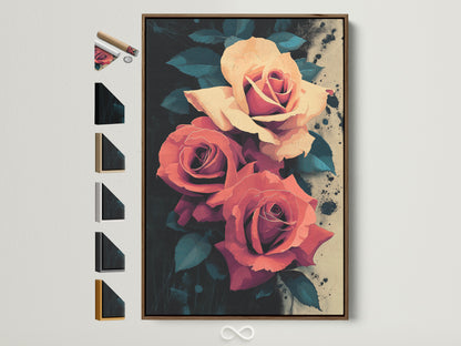 Elevate your space with our Rose Canvas Print. This artwork features peach and coral roses in a brown frame. Discover framed flower artwork. Explore frame options to perfectly match your decor style. Ideal for adding a touch of botanical beauty to any room