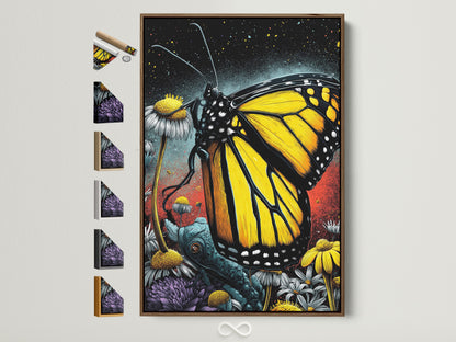 Modern Monarch Butterfly art print in a brown frame. This floral insect canvas adds whimsical nature to your home decor. Multiple frame options are displayed. Elevate your space with yellow accent wall art.