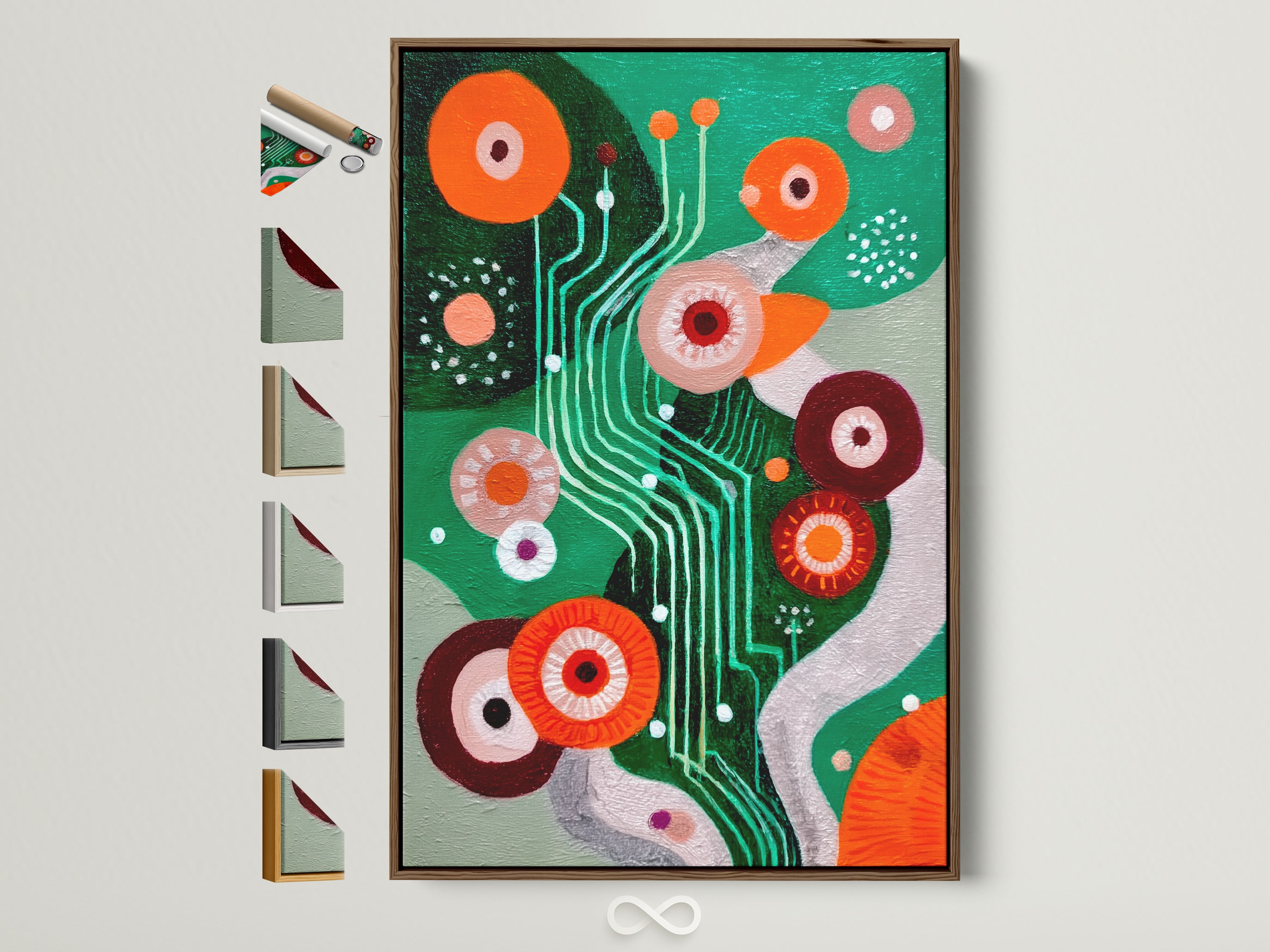 Modern abstract canvas art is displayed in a brown frame. This retro geometric wall art features a colorful mid-century print. The artwork is ideal for office decor. Various frame options are showcased on the side. Perfect for contemporary art lovers.