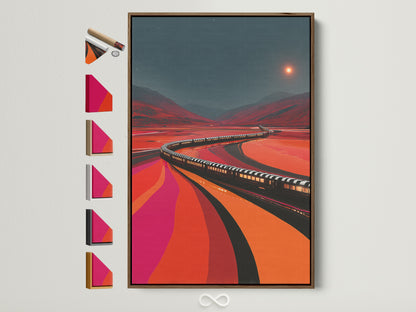 Train Journey artwork with a brown frame. All frame options are displayed on the side. This retro railroad wall artwork features earth tones. A perfect travel poster for office wall decor.