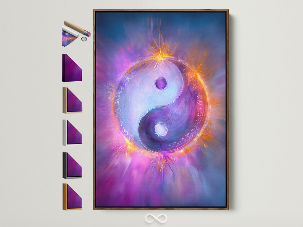 Yin Yang canvas art with a brown frame is displayed. The artwork features purple cosmic energy. It is a spiritual meditation print for zen bedroom decor. The frame options are showcased on the side.