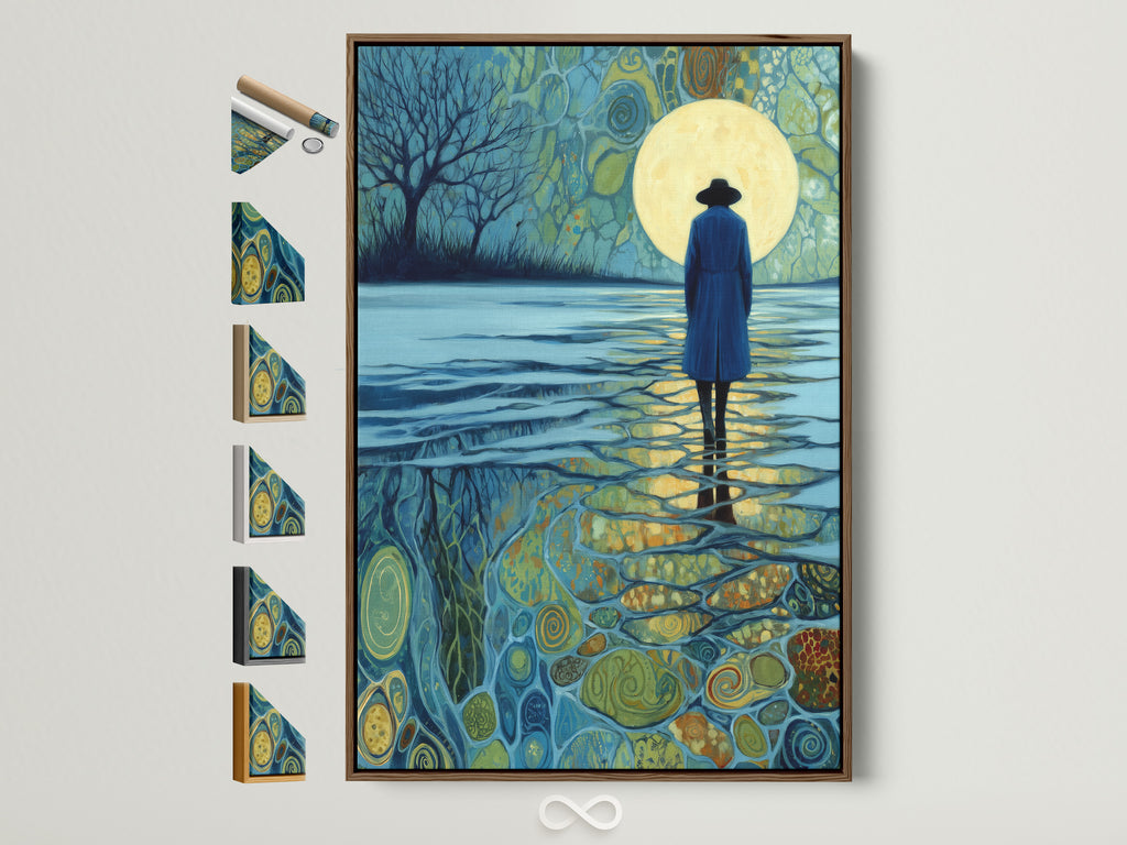 Moonlight Reflection artwork with a brown frame. The frame showcases various frame options. See the range of frame choices available. Elevate your space with framed art. Perfect for contemporary decor.