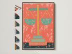 Justice Scales Canvas Print in a brown frame. All frame options are displayed on the side. This vintage-style legal artwork is perfect for law offices. It can be a thoughtful gift for lawyers and legal scholars. The artwork adds a touch of Mid-Century style with its orange and green hues.