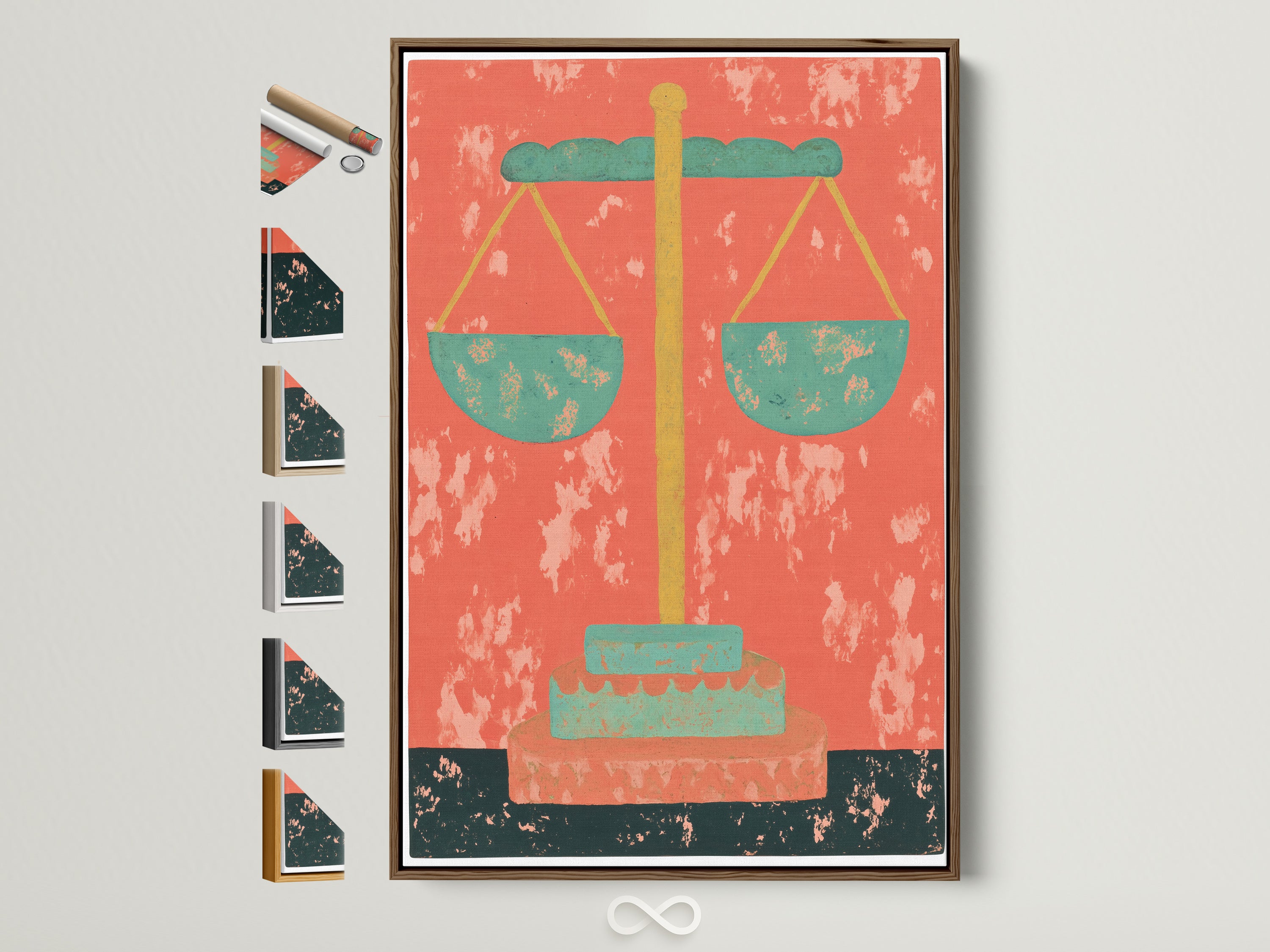 Justice Scales Canvas Print in a brown frame. All frame options are displayed on the side. This vintage-style legal artwork is perfect for law offices. It can be a thoughtful gift for lawyers and legal scholars. The artwork adds a touch of Mid-Century style with its orange and green hues.