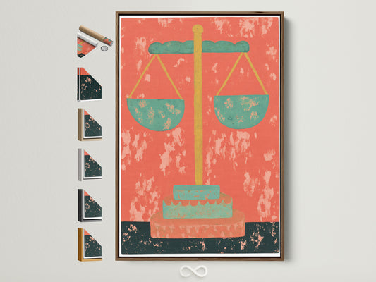 Justice Scales Canvas Print in a brown frame. All frame options are displayed on the side. This vintage-style legal artwork is perfect for law offices. It can be a thoughtful gift for lawyers and legal scholars. The artwork adds a touch of Mid-Century style with its orange and green hues.