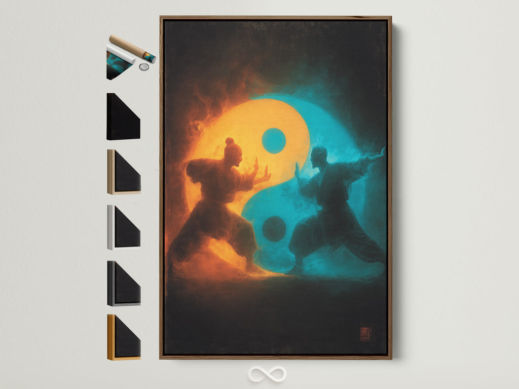 A vibrant art print is displayed in a brown frame. Several frame style options are showcased on the side. Explore various framing choices for your artwork. Find the perfect frame to complement your unique style. Enhance your space with framed art.