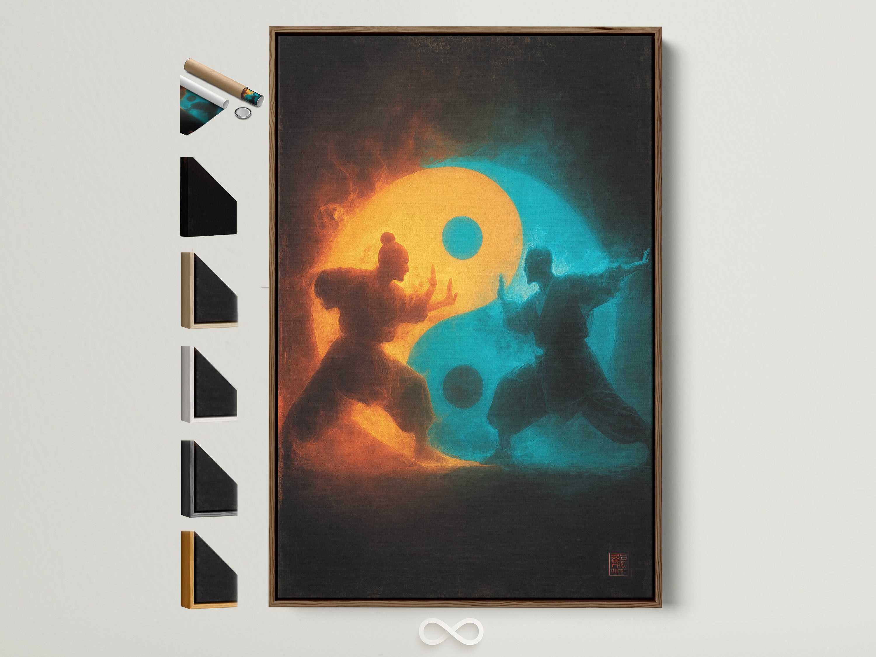 A vibrant art print is displayed in a brown frame. Several frame style options are showcased on the side. Explore various framing choices for your artwork. Find the perfect frame to complement your unique style. Enhance your space with framed art.