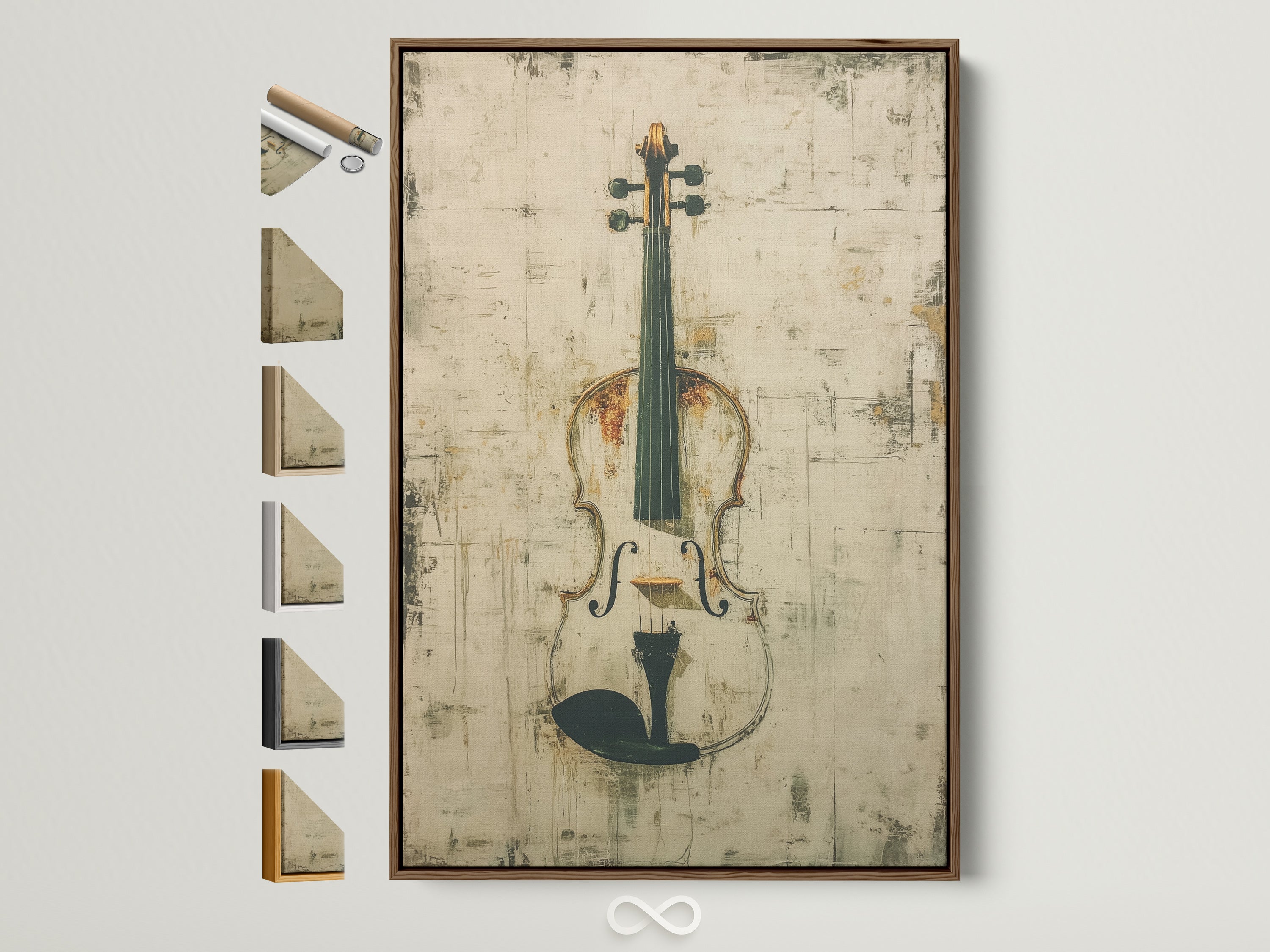 Brown frame showcasing all available frame options. Perfect for music enthusiasts seeking refined vintage wall art. It complements rustic academia or eclectic styles. Ideal for music rooms studios libraries offices and creative spaces.