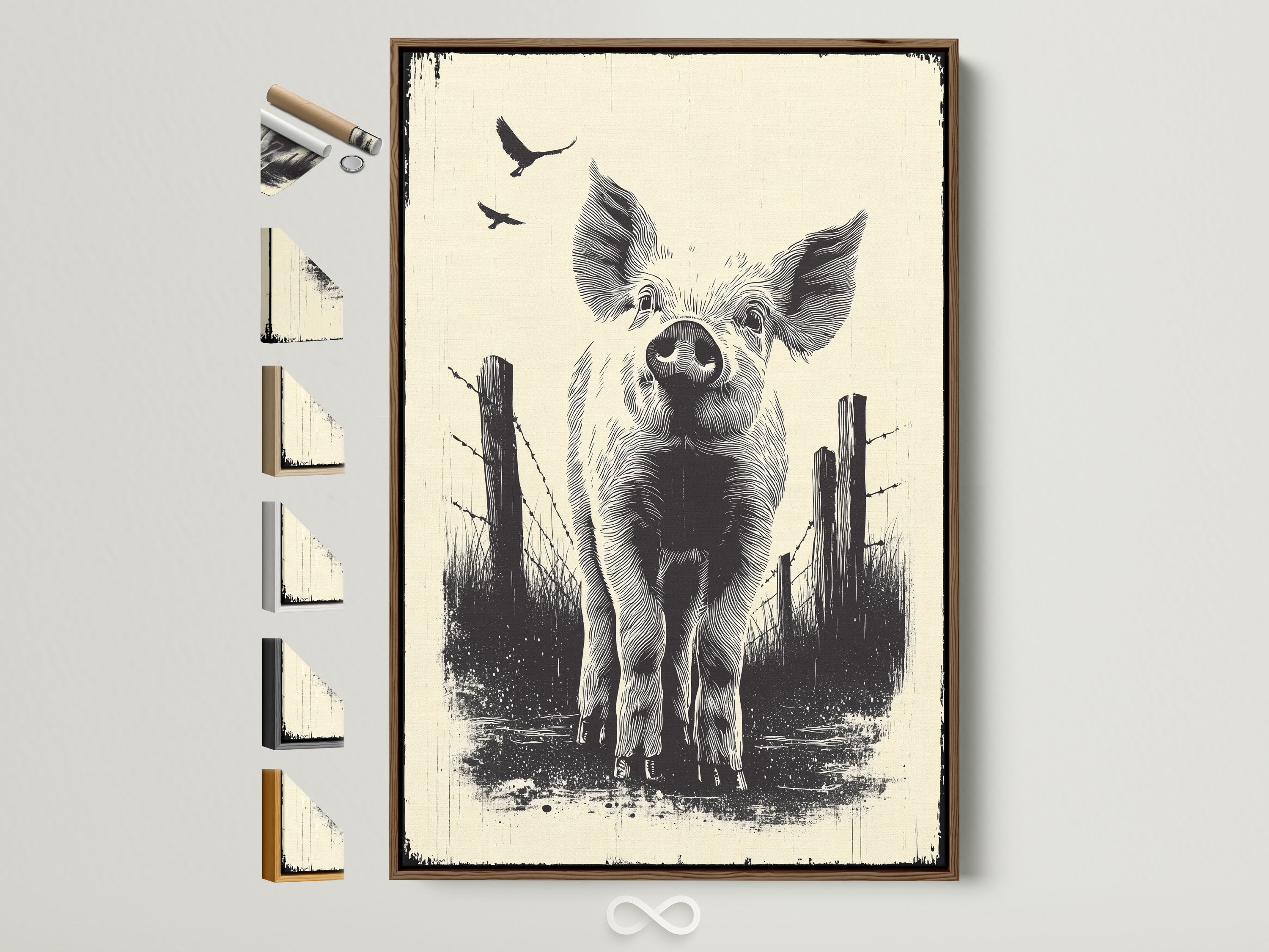 Brown frame showcasing various frame options. This rustic country artwork adds charm to any kitchen decor. Explore the range of farmhouse animal art and rustic artwork. Perfect gift for farm animal lovers.