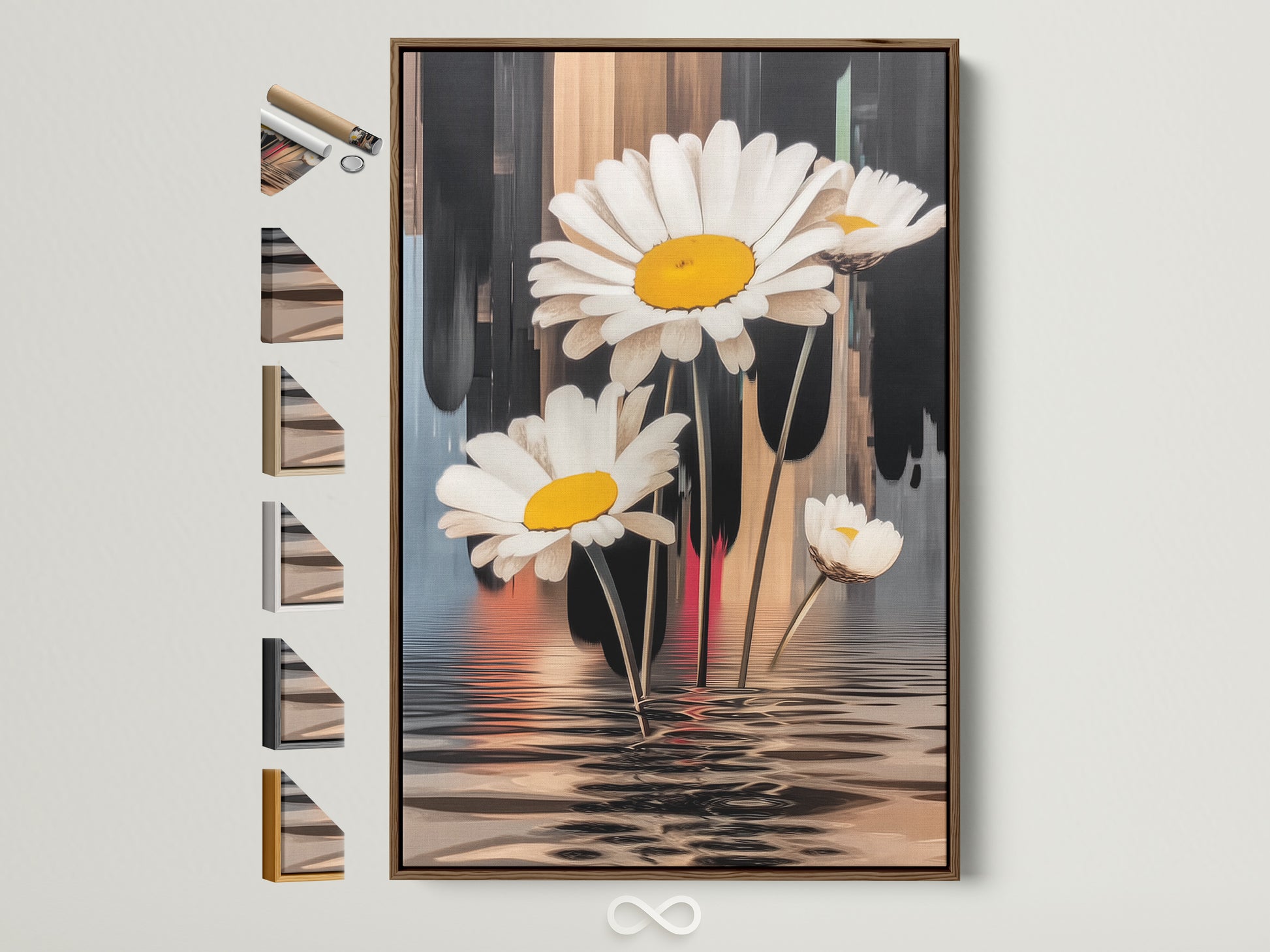 A daisy floral artwork is showcased in a brown frame. The frame is displayed with all available frame options. The artwork features white and yellow daisies with a unique water reflection effect. Ideal for modern and botanical-themed decor.