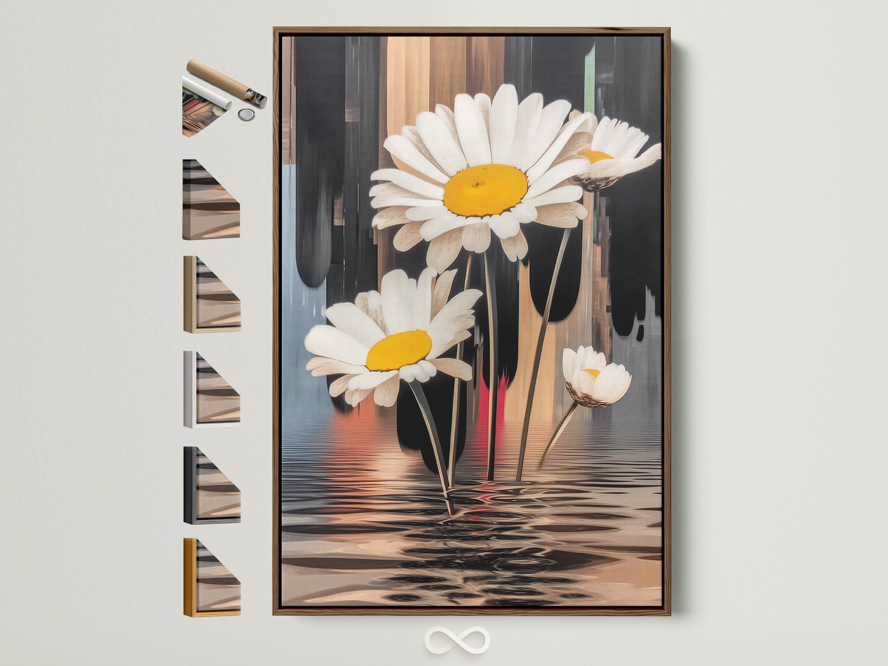A daisy floral artwork is showcased in a brown frame. The frame is displayed with all available frame options. The artwork features white and yellow daisies with a unique water reflection effect. Ideal for modern and botanical-themed decor.