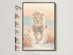 Lion Canvas Print in a brown frame. Wildlife animal wall art. Neutral tone nature artwork for bedroom decor. The artwork features a majestic lion walking through a field. The frame complements the artwork and adds a touch of sophistication to the room. Perfect for homeowners renters and interior decorators.