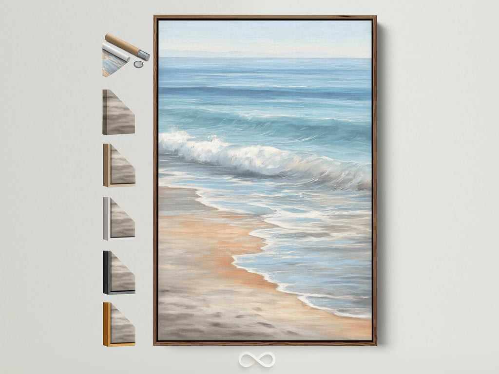 Seascape canvas artwork with a brown frame. See all available frame options. Perfect coastal beach wall art. The ocean wave painting adds a soothing touch to any bathroom wall decor. Enhance your space with this beautiful piece.