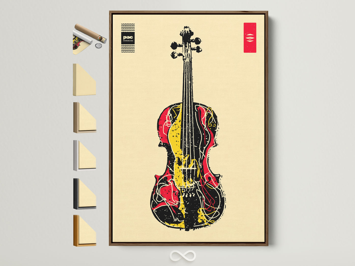 A brown frame showcasing various frame styles on the side. It displays options for abstract musical instrument artwork. It is perfect for a music room or studio. This violin art print adds a modern touch. It is great for music lovers and homeowners. A unique way to decorate your space with sound wave art.