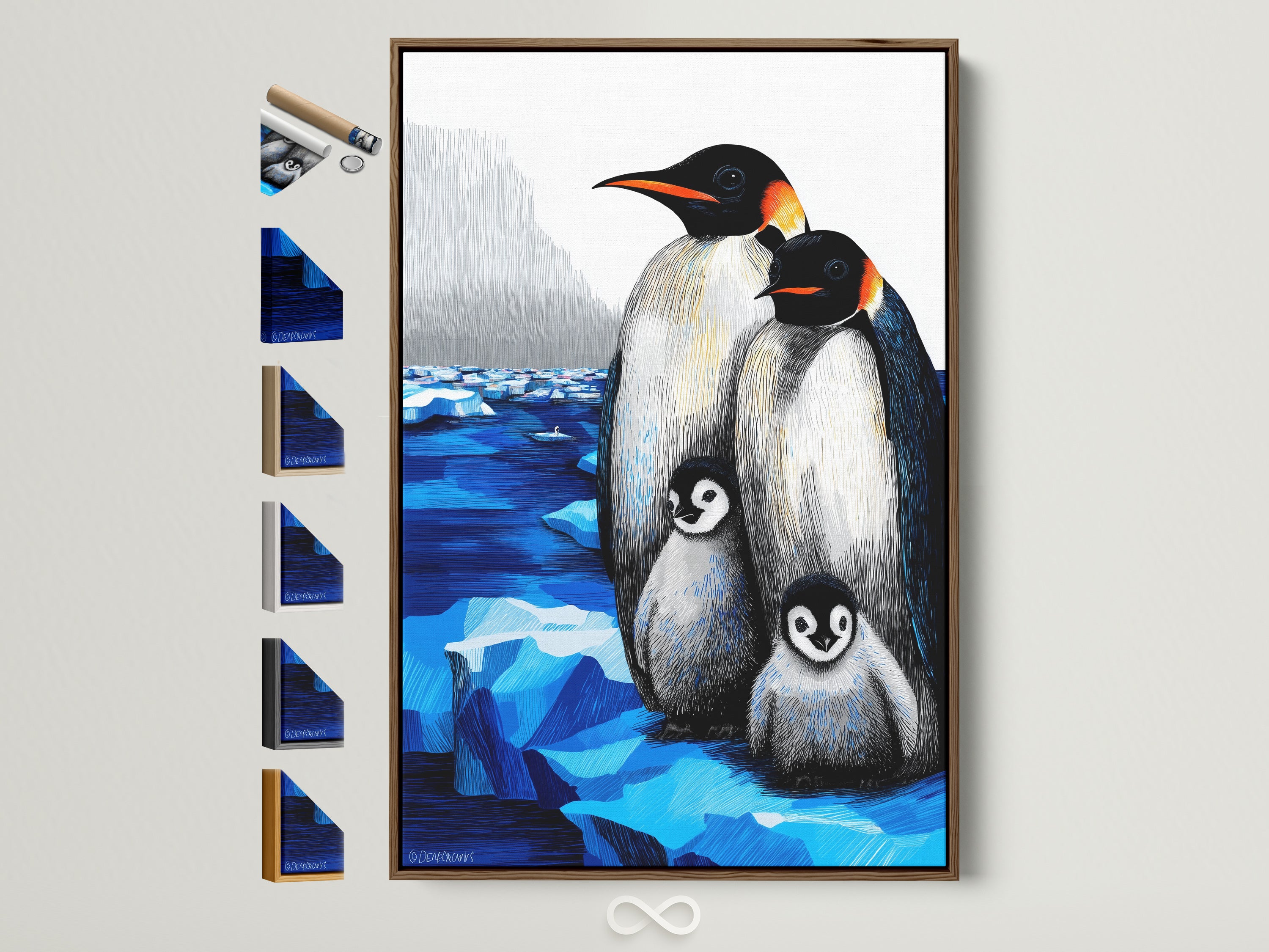 Penguin Family Artwork in a Brown Frame. This delightful arctic wildlife art features a modern penguin family. The artwork is framed in a stylish brown frame. See all available frame options. Perfect for kids room decor or a nursery.