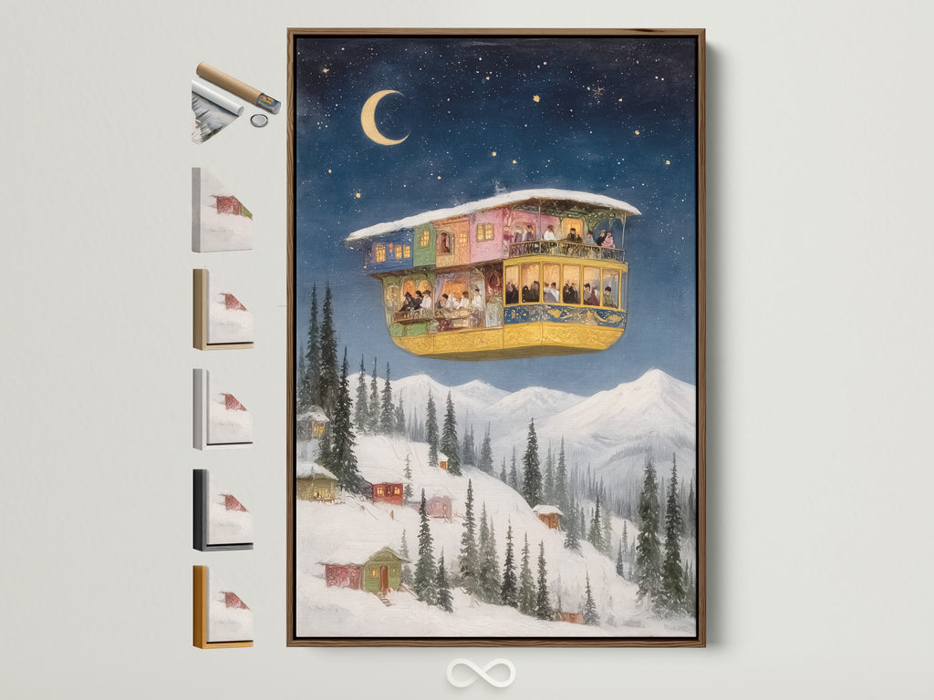 Elevate your space with whimsical winter fantasy art. This charming piece features a fantasy house amidst a starry night sky. The brown frame complements the artwork beautifully. Discover all frame options to perfectly match your style. Add a touch of magic to your living room bedroom or office with this enchanting wall decor.