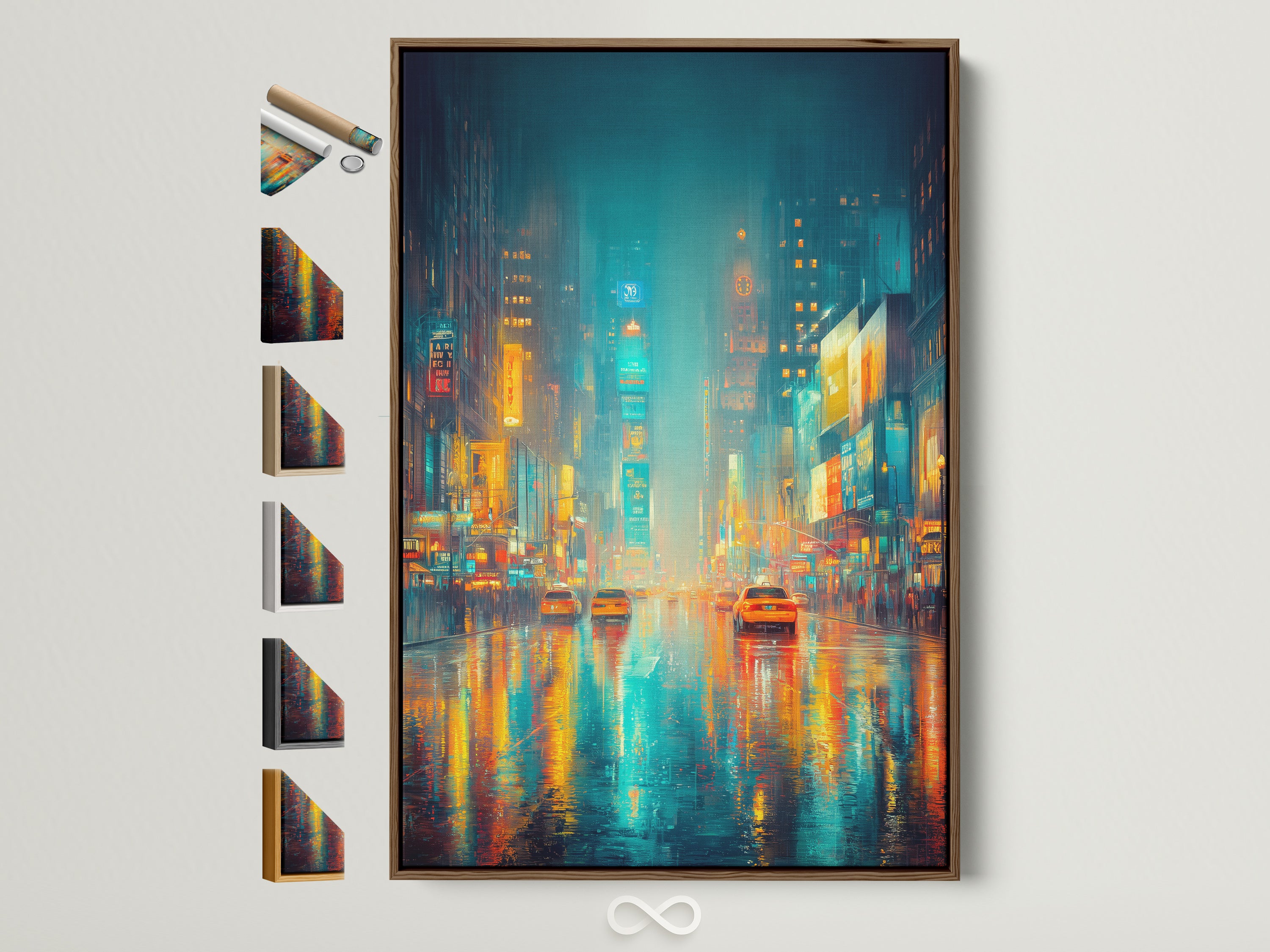Cityscape artwork with a brown frame. This urban canvas print features a rainy night scene. The artwork has neon reflections. Frame options are displayed. It is perfect for adding a contemporary style to your home decor.
