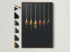 Spice Spoons canvas print with a brown frame. This modern kitchen wall art features golden culinary spoons. Frame options are displayed on the side. Perfect foodie art for your dining area or a unique chef gift. Elevate your space with this dark academia minimal art.