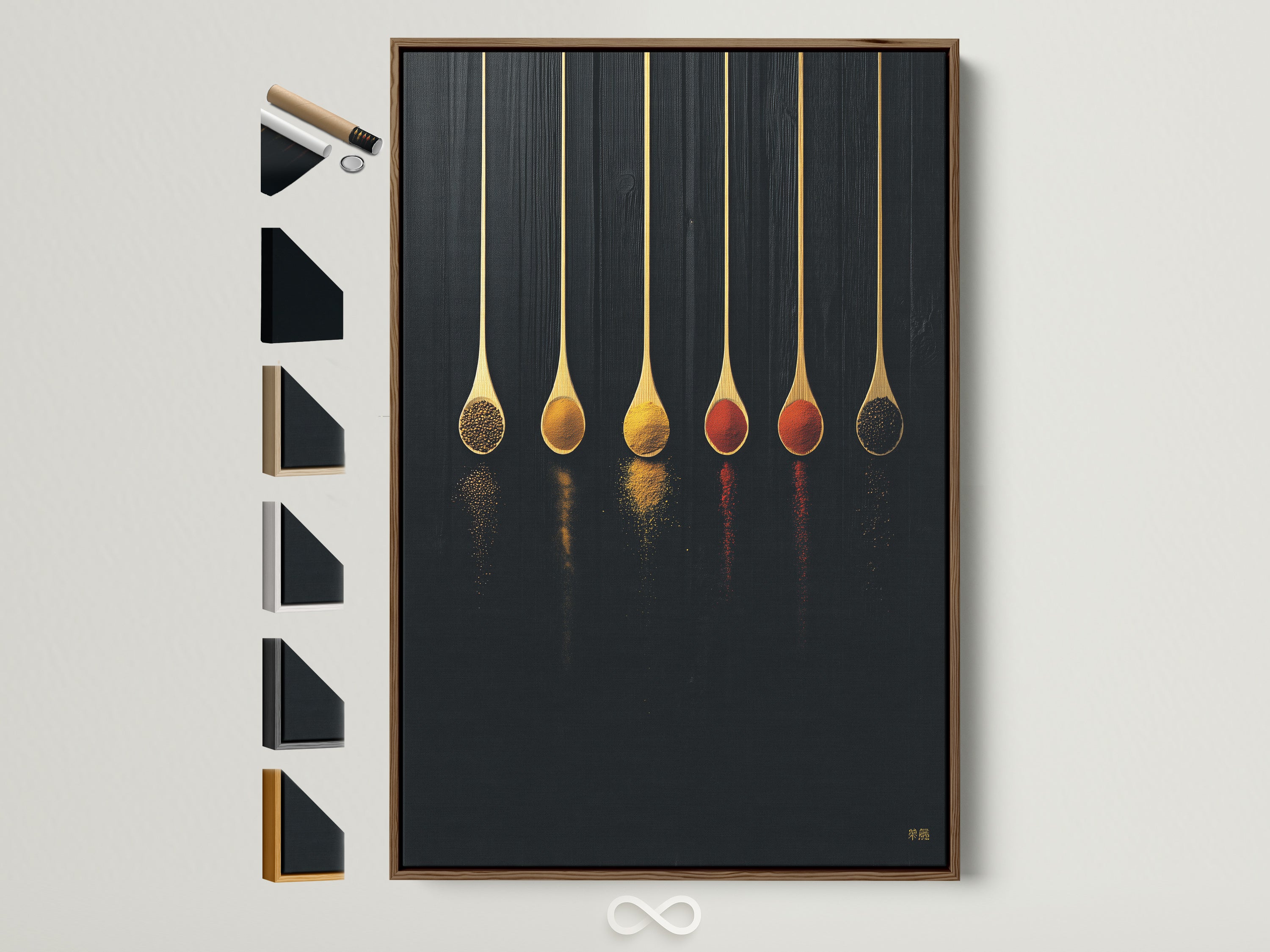 Spice Spoons canvas print with a brown frame. This modern kitchen wall art features golden culinary spoons. Frame options are displayed on the side. Perfect foodie art for your dining area or a unique chef gift. Elevate your space with this dark academia minimal art.