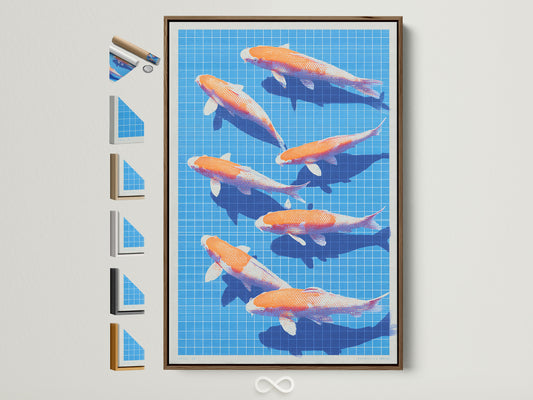 Koi Fish canvas art print in a brown frame. The artwork features orange and white Koi fish swimming on a blue grid background. This modern Japanese wall art is perfect for zen home decor. See all frame options available for our fish canvas art.