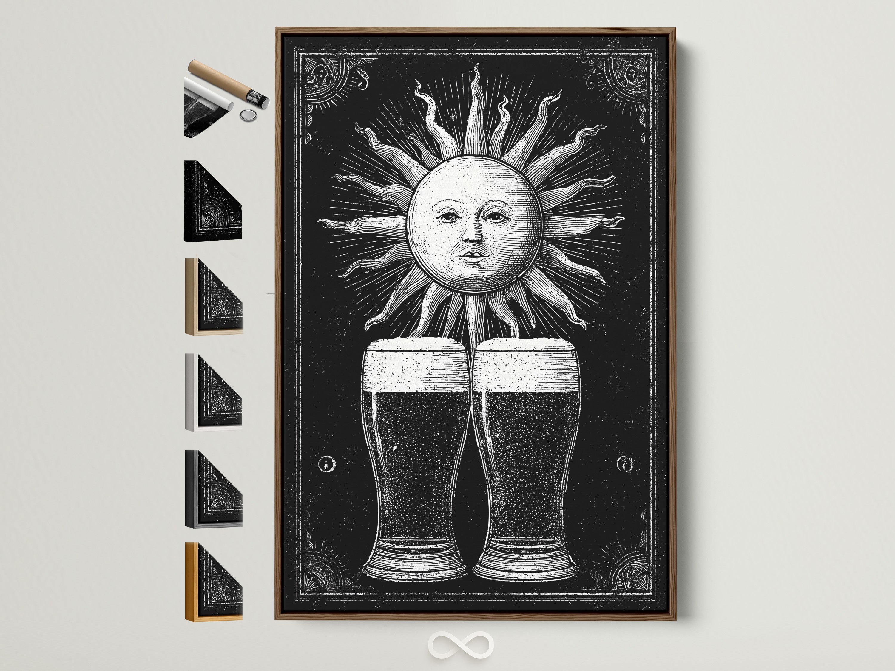 A brown frame showcases vintage artwork featuring a sun and two glasses of beer. All frame options are displayed on the side. This art print enhances any room. The neutral frame complements the black and white artwork beautifully. Perfect for home or office spaces.