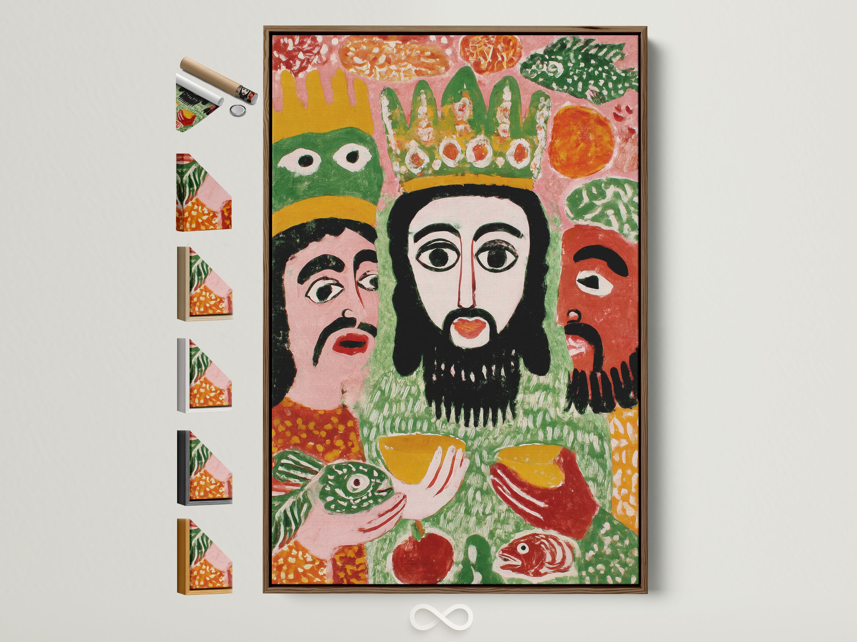 Biblical Folk Art Print featuring the Three Wise Men. The artwork has a rustic brown frame. See all available frame options displayed on the side. Elevate your dining room or home with this colorful religious artwork. Perfect for primitive country or eclectic styles.