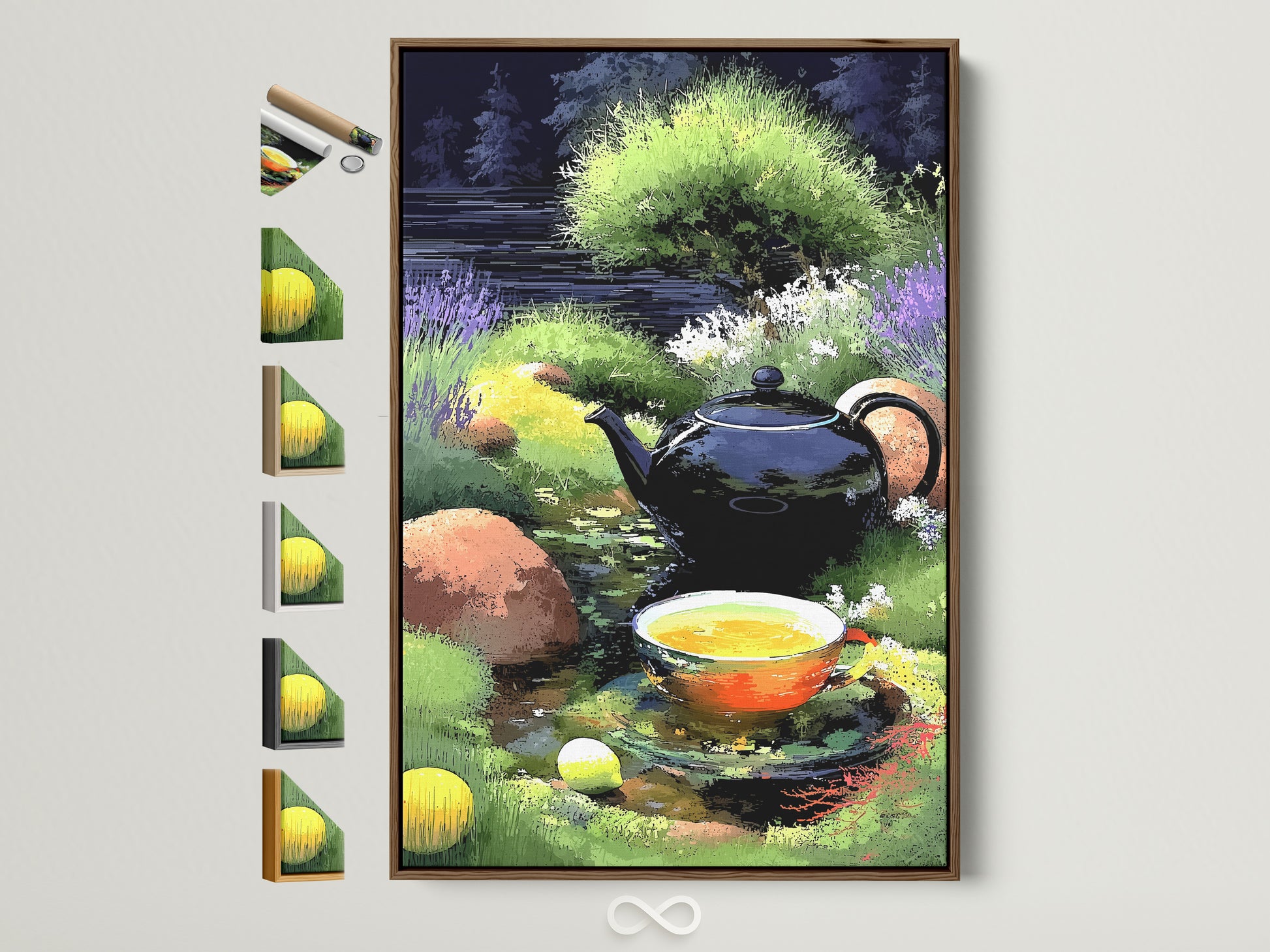 Elevate your space with the Tea Time Canvas Print framed in brown. This botanical still life artwork features a tea kettle and cup amidst a lush garden scene. Explore frame options to perfectly match your country or farmhouse decor. A calming piece ideal for kitchen art or dining room wall art.