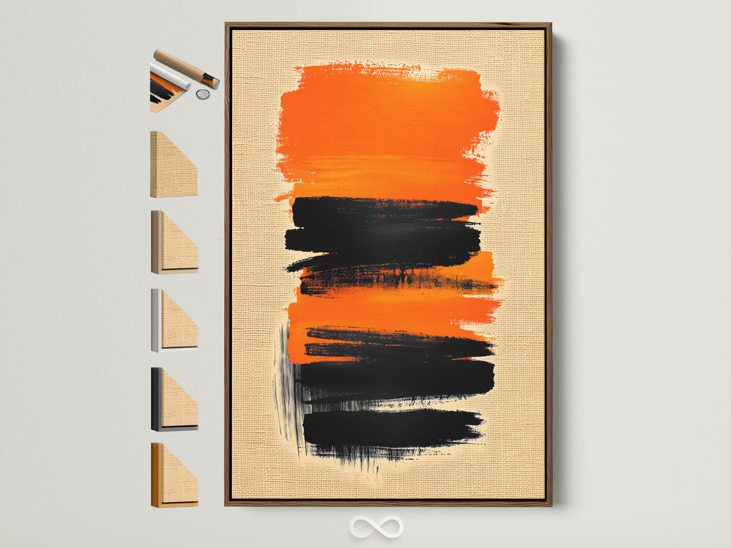 Abstract Brush Stroke Art in a brown frame. This orange and black canvas print adds a modern touch to any office decor. Explore our range of frame options to customize your artwork.
