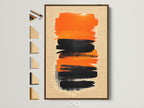 Abstract Brush Stroke Art in a brown frame. This orange and black canvas print adds a modern touch to any office decor. Explore our range of frame options to customize your artwork.