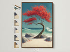 Coastal Tree Canvas Print with a brown frame. The artwork shows a red bonsai tree on a beach with turquoise ocean waves. Find frame options to customize your beach canvas print. Perfect coastal wall art for serene spaces.