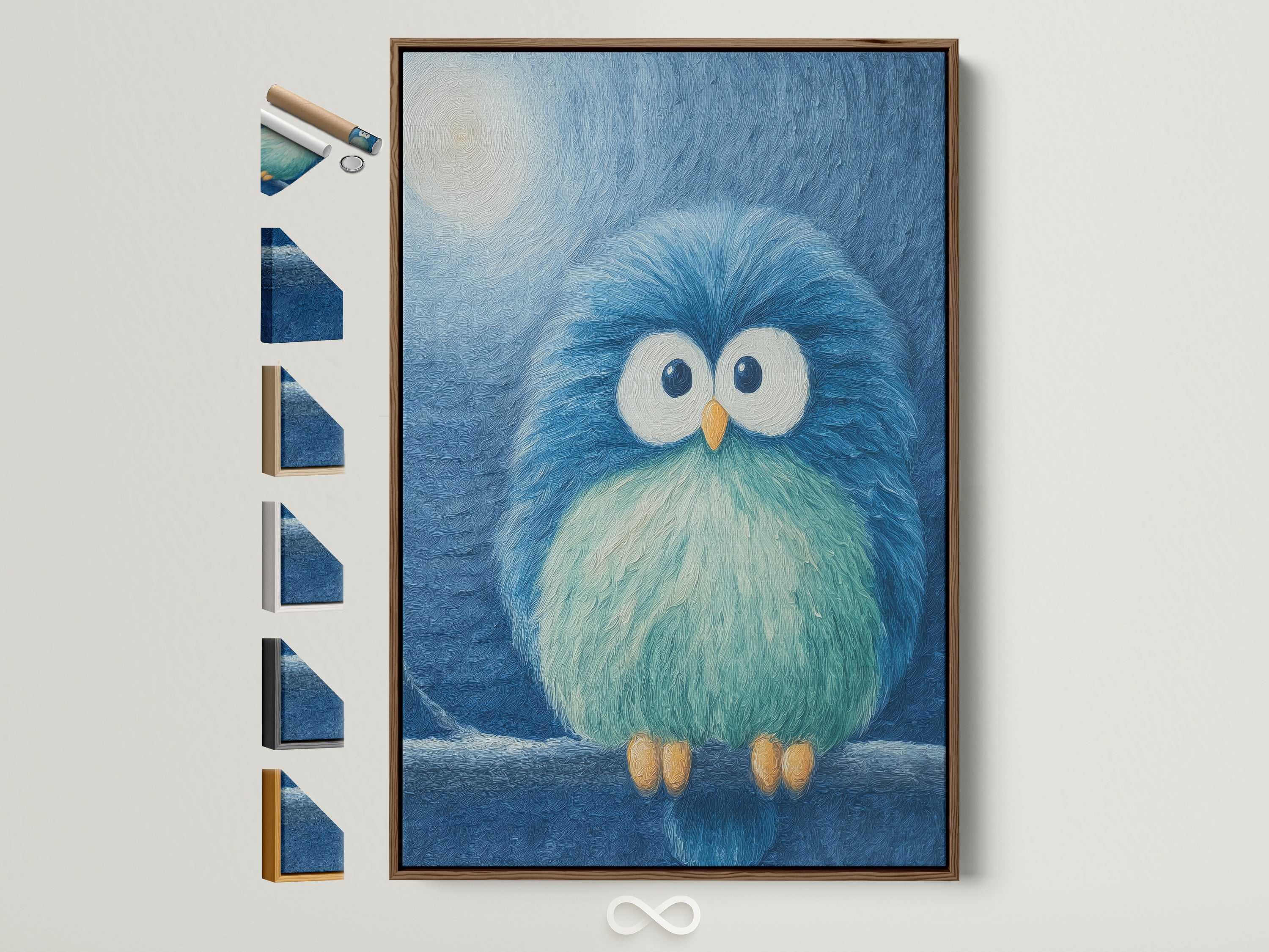 Charming blue bird artwork in a brown frame. This cute animal art enhances any nursery or child's room. Explore frame options to perfectly match your decor. A delightful piece of wall art that brings a touch of whimsy and color to your space. Perfect for creating a cozy and inviting atmosphere.