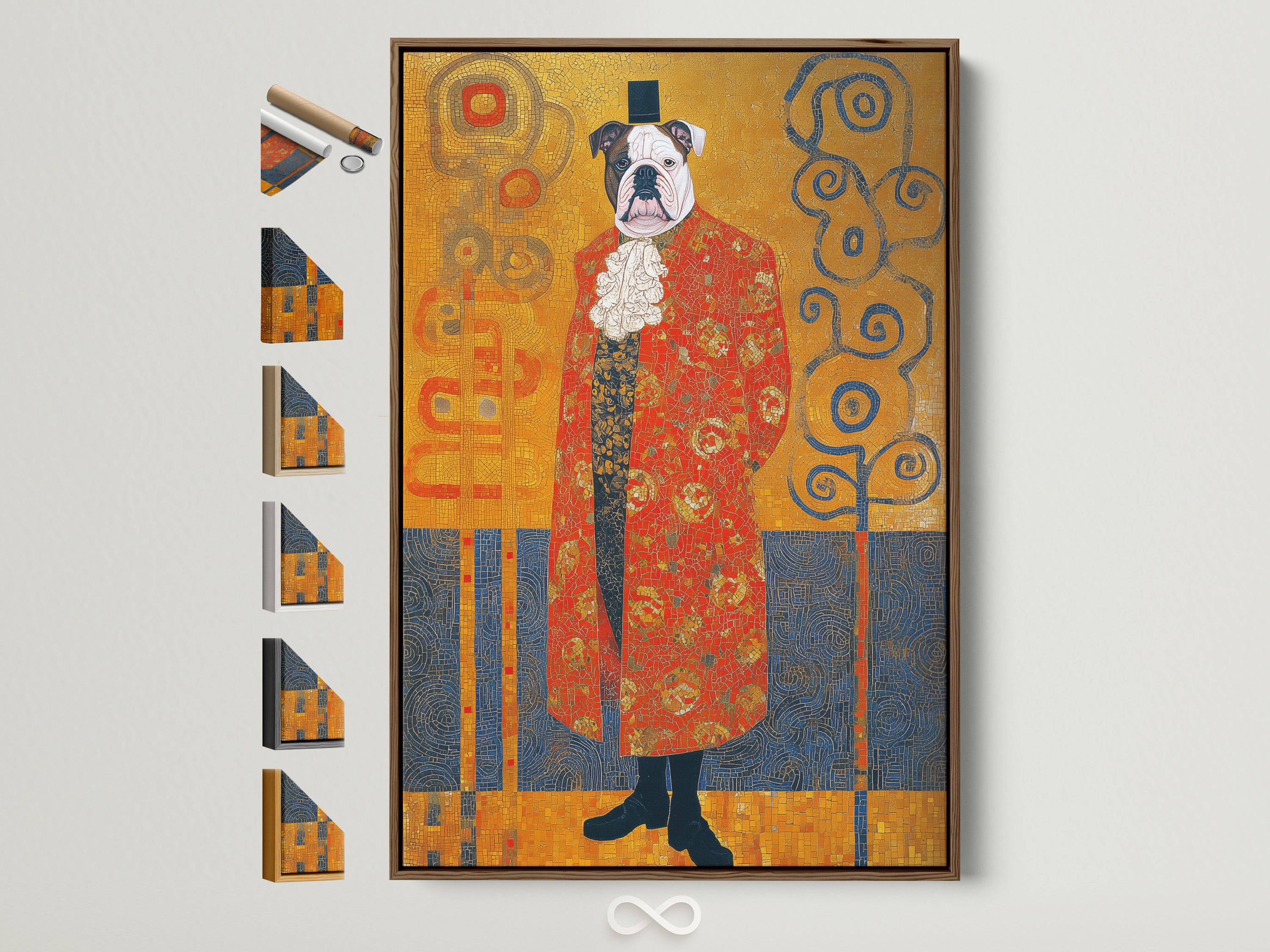 Explore Victorian Bulldog art print in a brown frame. See all available frame options displayed. This Gustav Klimt style dog portrait adds ornate animal wall art to any study room. Discover elegant wall decor for classic eclectic or vintage styles. Perfect for elevating your space.