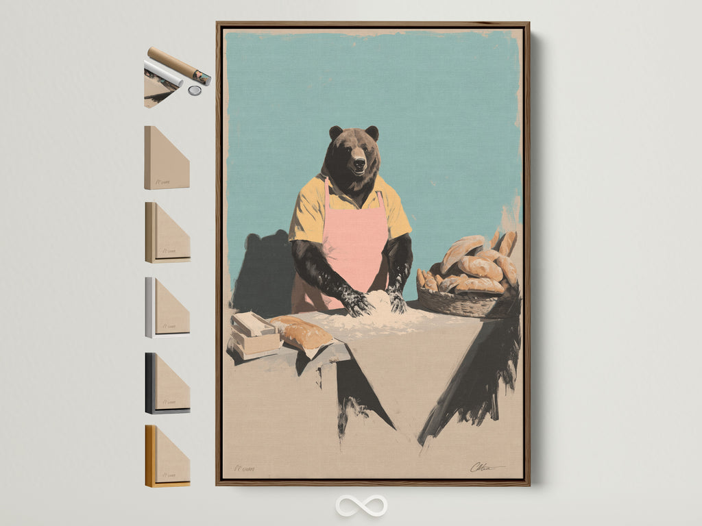 Brown frame displays whimsical kitchen wall art. It features an anthropomorphic bear baker. All frame options are visible on the side. This art print adds a fun unique touch to your space. Perfect for home bakers chefs and bakery owners.
