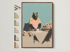Brown frame displays whimsical kitchen wall art. It features an anthropomorphic bear baker. All frame options are visible on the side. This art print adds a fun unique touch to your space. Perfect for home bakers chefs and bakery owners.