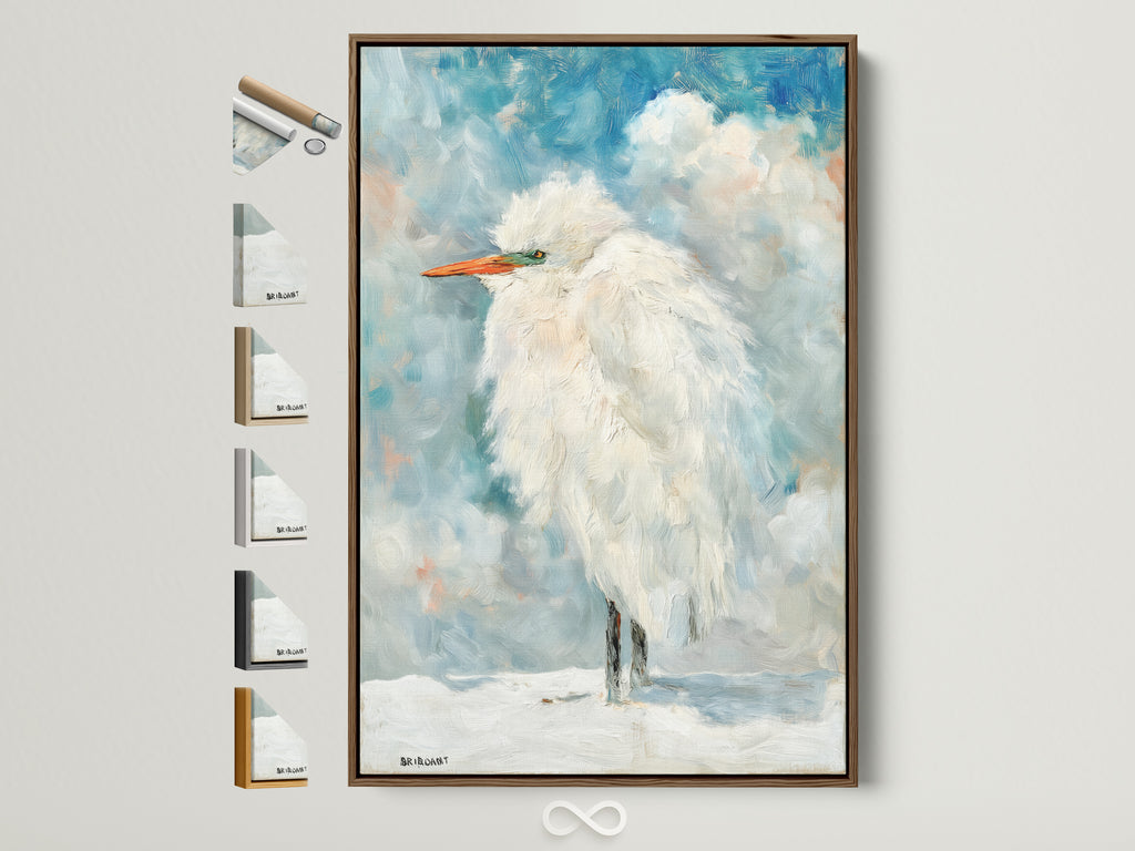 Explore frame options for your Heron coastal bird artwork. This brown frame displays available styles. Find the perfect match for your beach house decor. See art options now