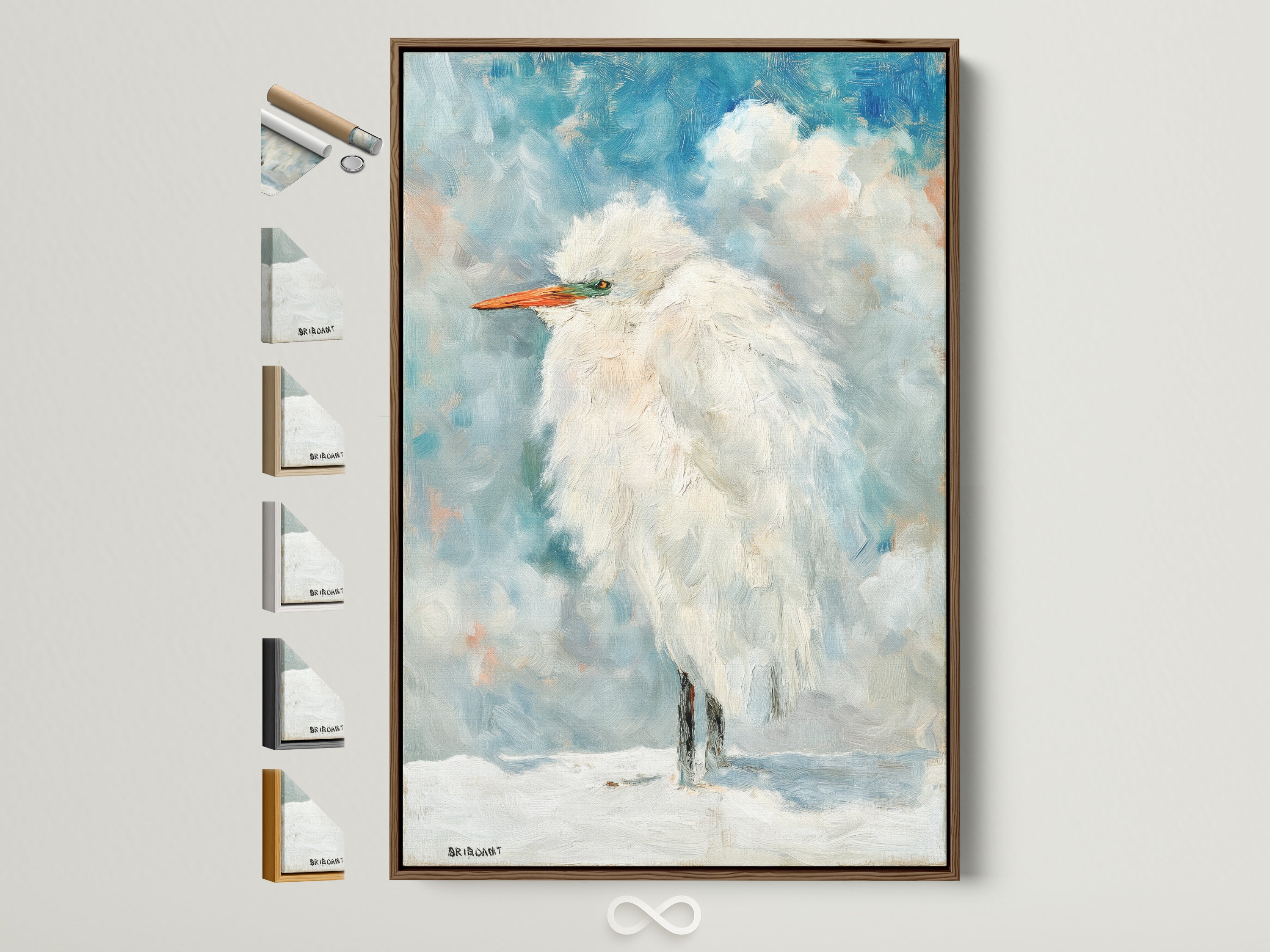 Explore frame options for your Heron coastal bird artwork. This brown frame displays available styles. Find the perfect match for your beach house decor. See art options now