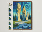 A framed canvas print features a mystical landscape artwork. The art shows an ancient stone circle beneath a swirling blue sky. The frame is brown wood. All frame options are displayed beside it. Perfect wall art for a study room decor with a Celtic theme.