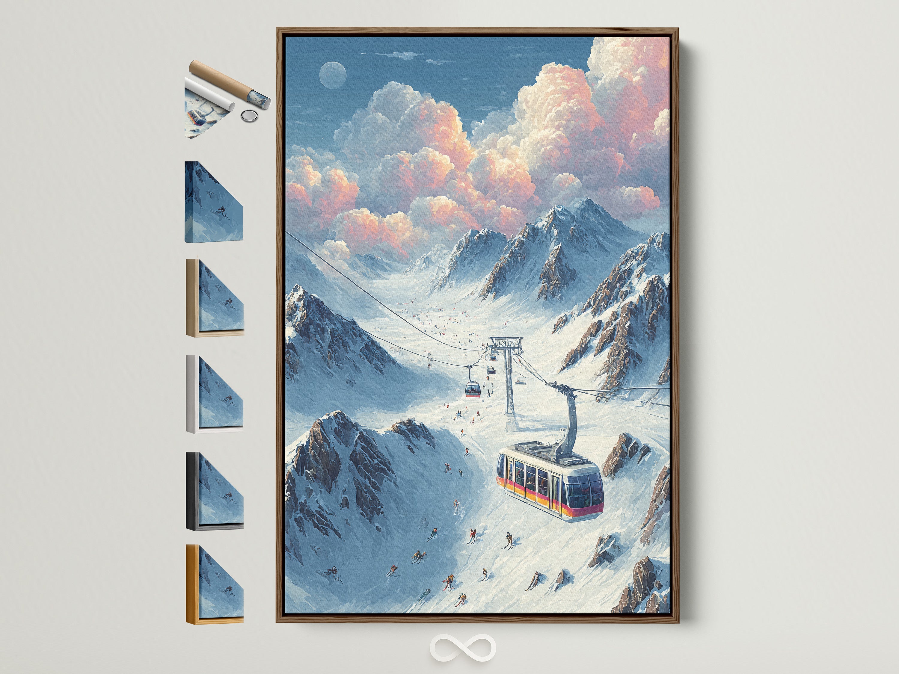 Vintage ski lift art print in a brown frame. The artwork captures an alpine mountain scene under a cloudy sky. This retro winter landscape canvas adds rustic elegance to any cabin or office decor. Frame options are displayed on the side.