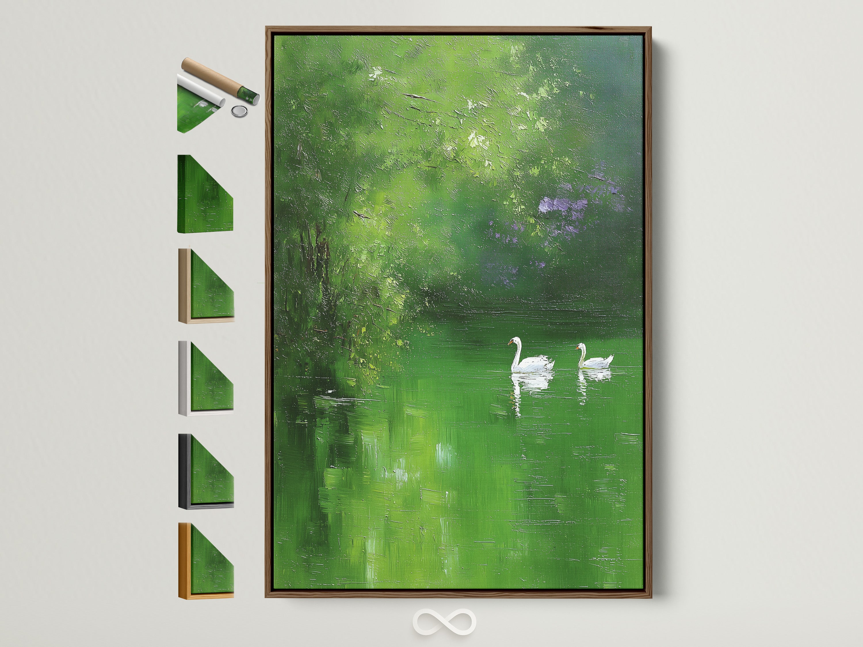 Framed artwork featuring a serene swan pond graces a white wall. The brown frame complements the art. Explore various frame options to customize your art. Discover the perfect frame to enhance your space. Elevate your decor with our framed art prints.