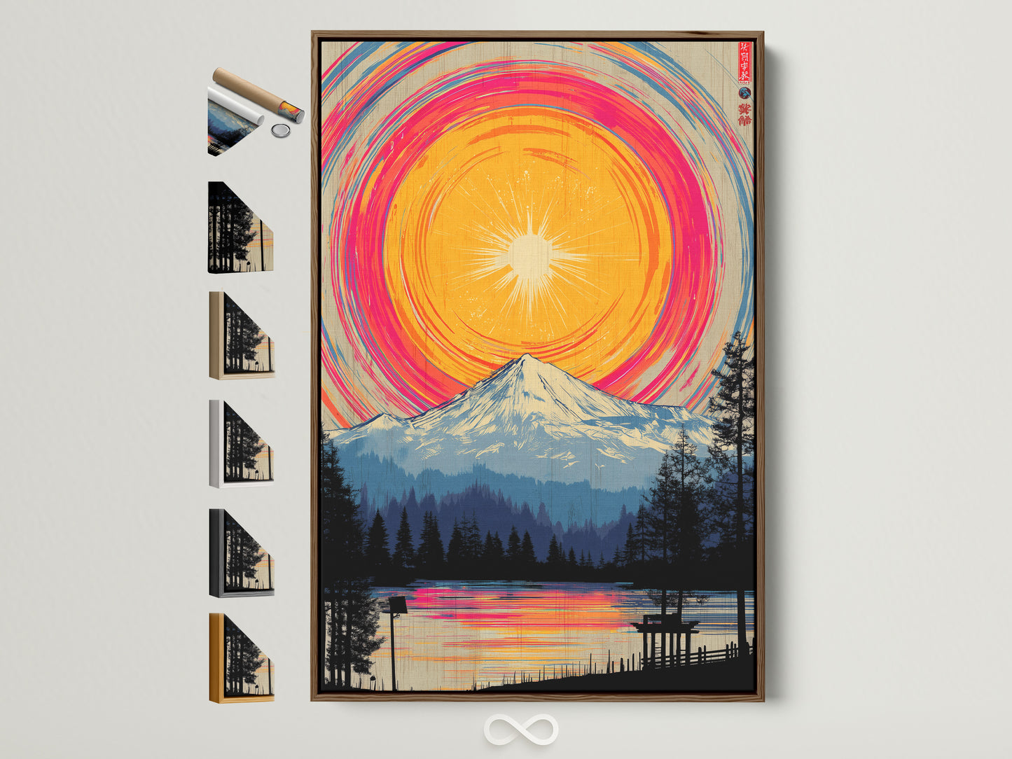 Mountain Lake artwork with a brown frame on a white wall. The artwork features a vibrant sun above a serene mountain lake scene. The frame options are displayed beside the framed artwork offering a variety of choices for art enthusiasts.