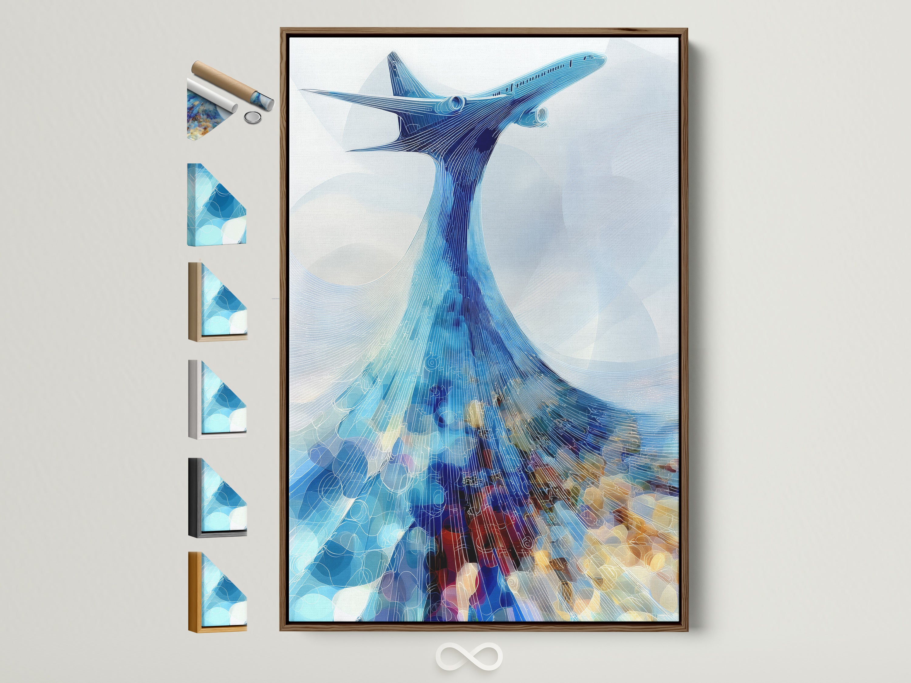 Airplane art print in a brown frame. The artwork features an abstract aviation theme. Teal blue travel poster for office or home. Explore all our frame options to customize your art.