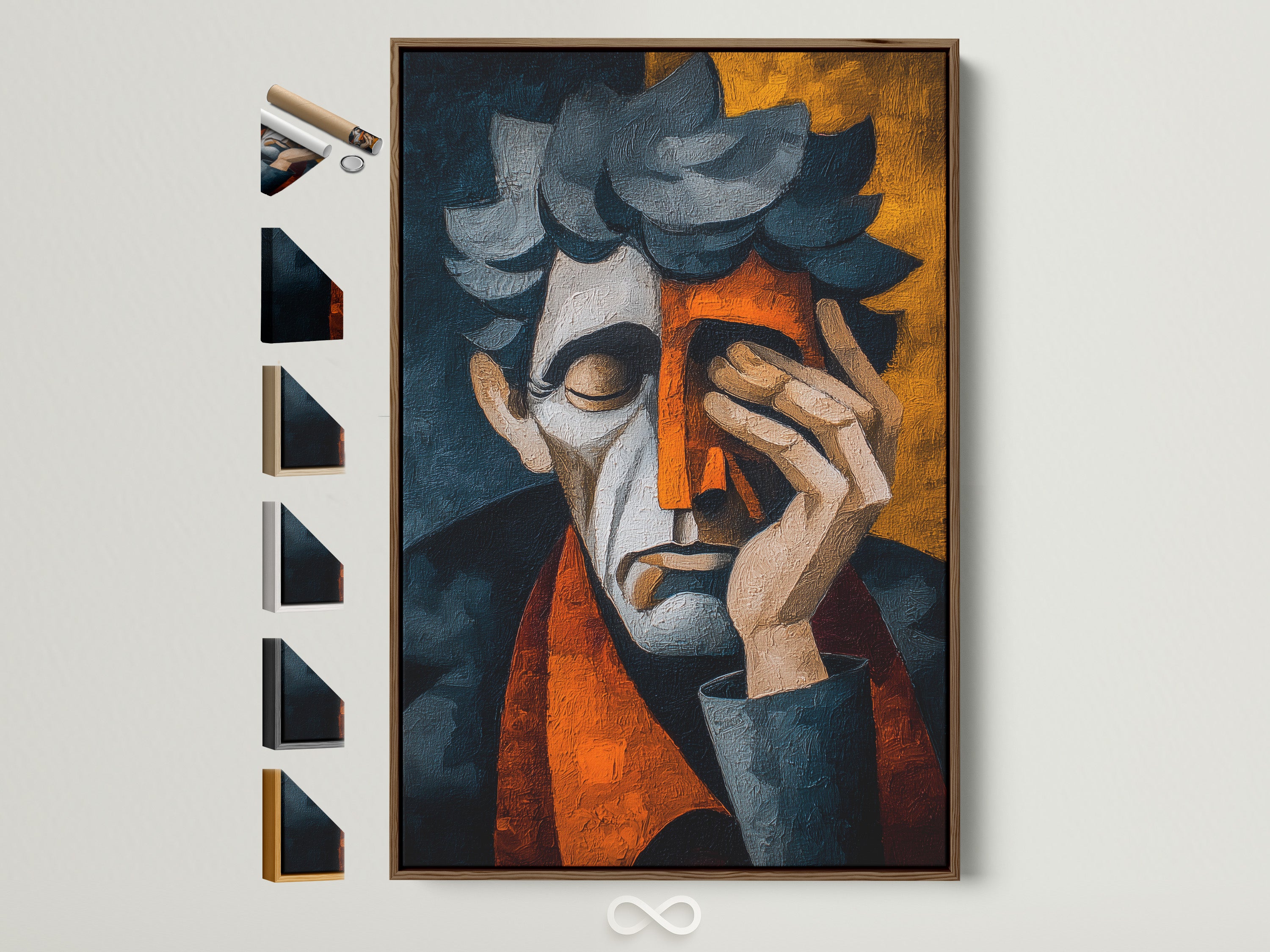 Artwork in a brown frame. All available frame options are displayed. Consider this art piece for your home. See all the frame options on the side. Different color frames to accommodate your needs. Decorate your house with beautiful art pieces.