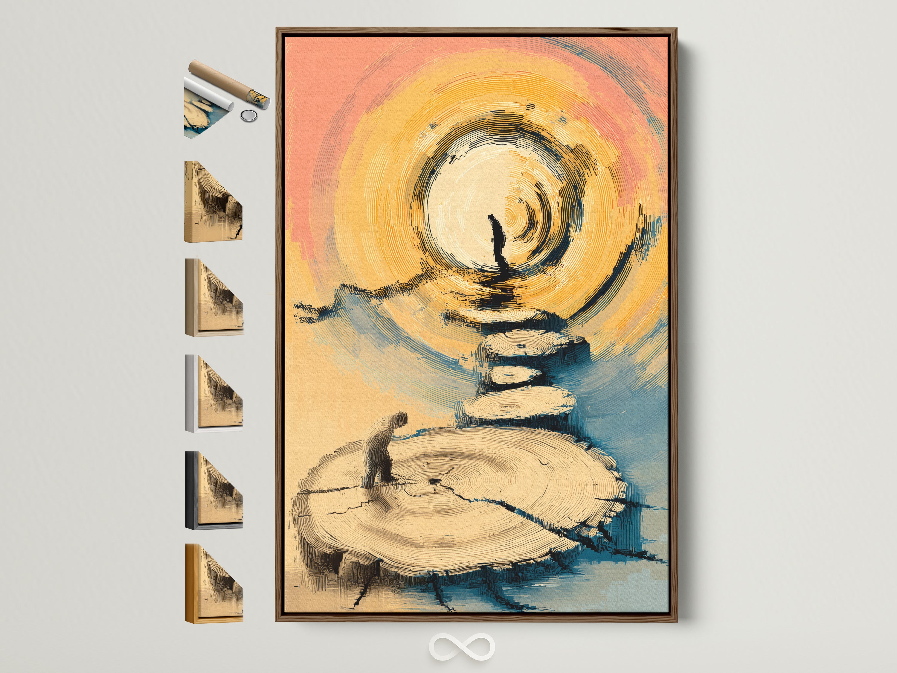 A brown frame is showcased with all available framing style options displayed alongside it. Explore our art framing choices. Find the perfect way to display your zen stone stack artwork. We offer a variety of options to match your unique style.